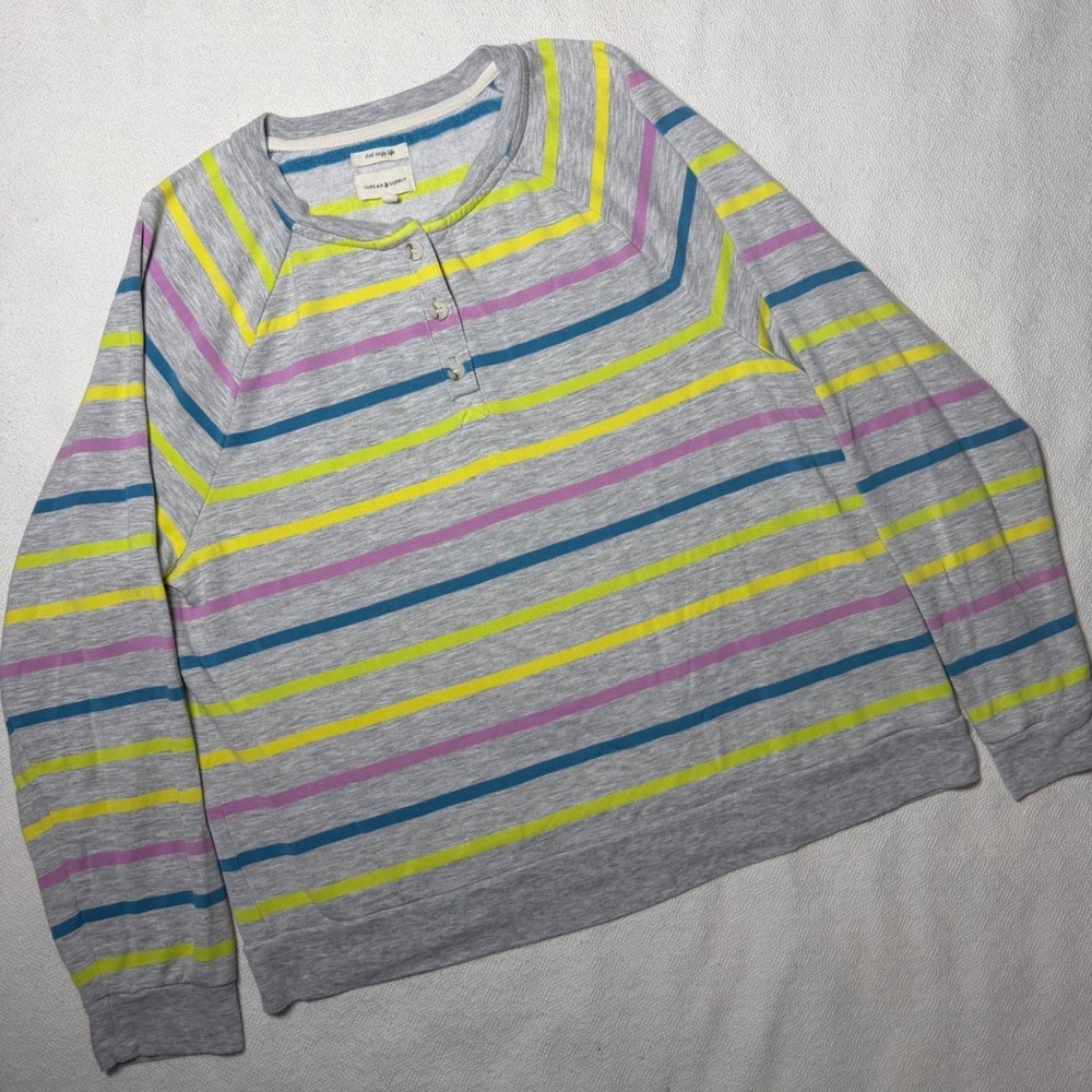 Thread & Supply Grey Striped Henley Sweatshirt Womens Medium T2346RSKDG
